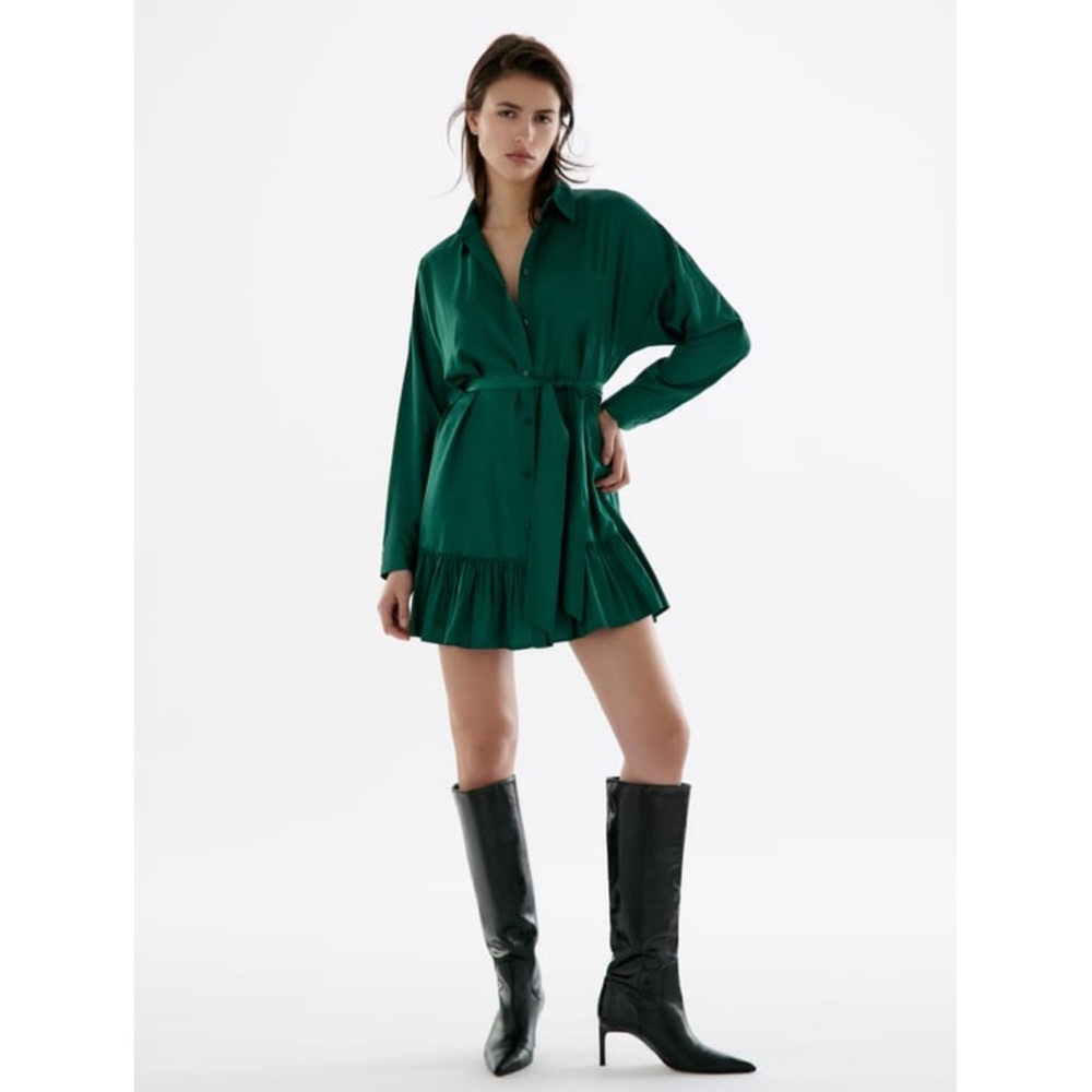 Green Zara satin mini shirt dress